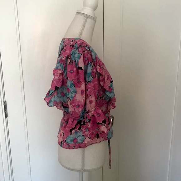 WAYF Colorful Floral Print Wrap Blouse Puff Sleeve - Picture 8 of 10